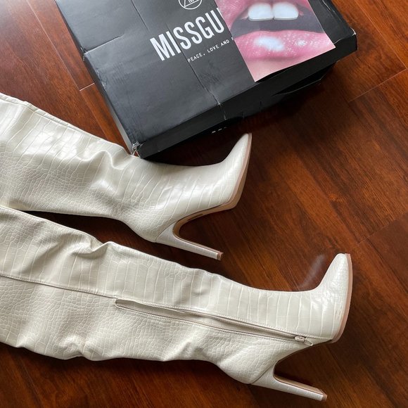 Cream Mock Croc Square Toe Heeled Over The Knee Boots - Picture 2 of 10